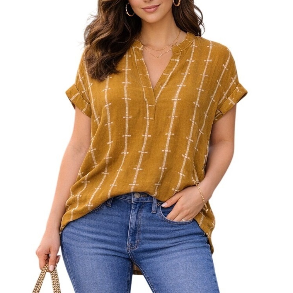 Madewell Boho Mustard Brown Embroidered Split Neck Short Sleeve Top XS Ochre